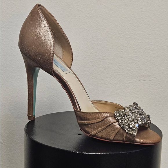 Betsy Johnson Bronze Jeweled Prom Rhinestone Open Toe Wedding Heels Size 10 - Picture 6 of 6